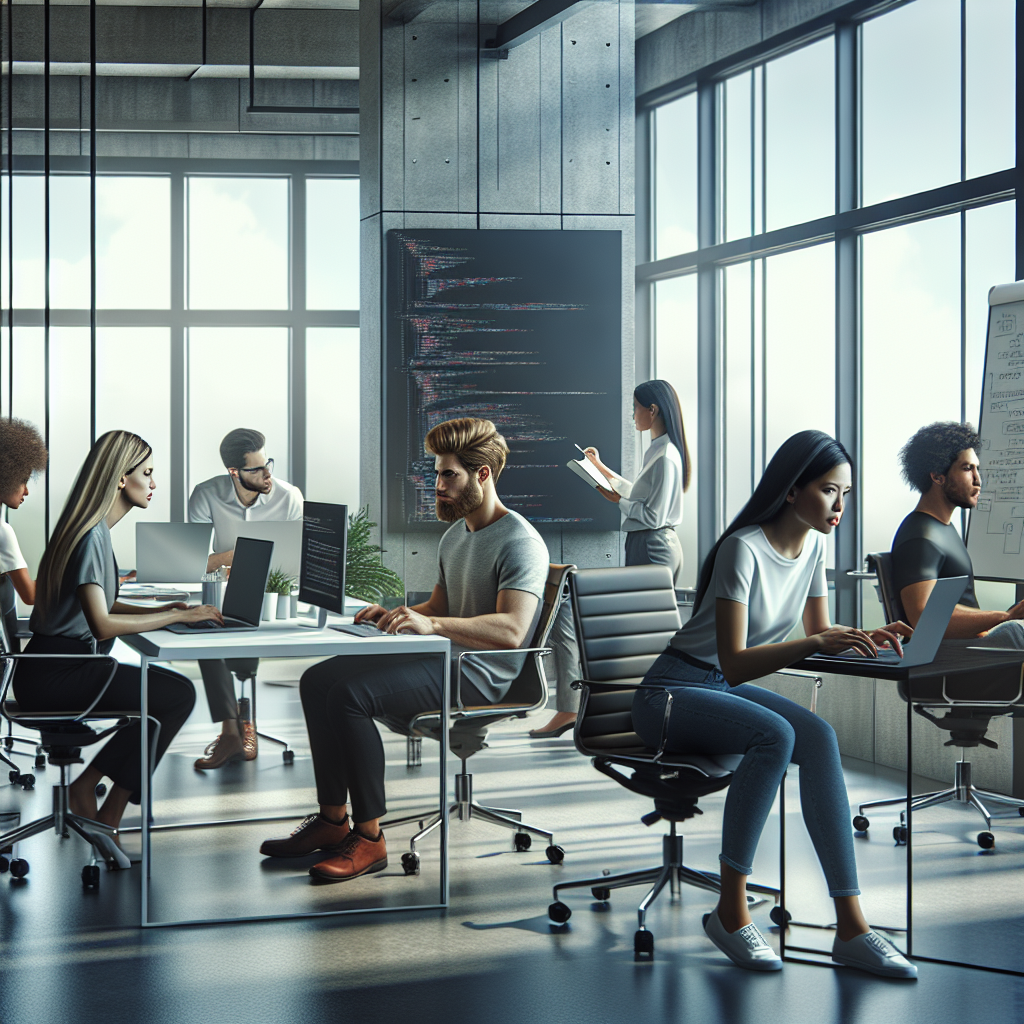 Mobile app developers collaborating in a modern, sleek, and bright office setting.