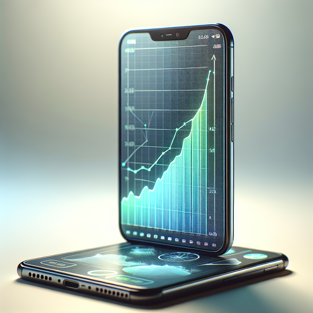 A realistic image symbolizing the scaling of mobile applications with a mobile phone and an upward graph.