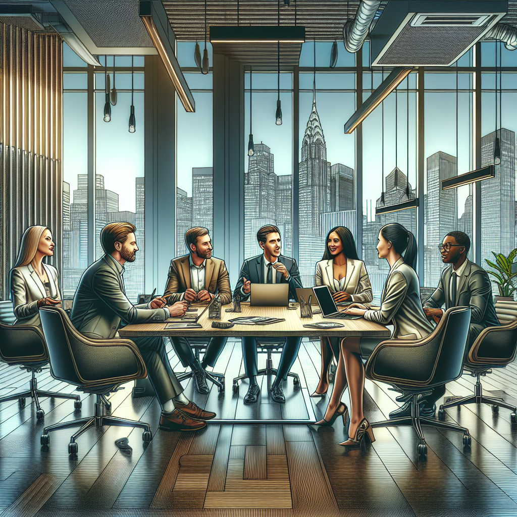 A business meeting in a modern office with a diverse group of people discussing app launch strategy around a conference table.