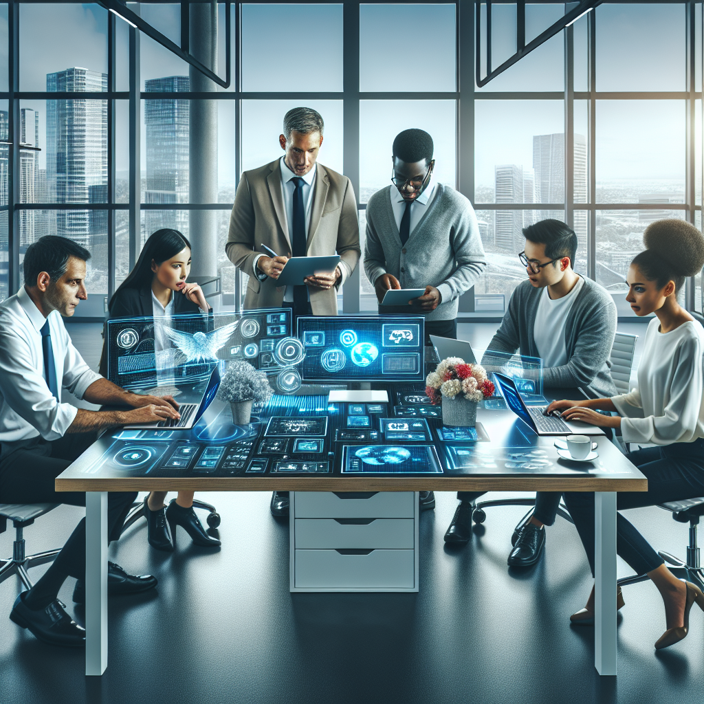 A team of consultants and developers discussing app launch strategy in a modern office.