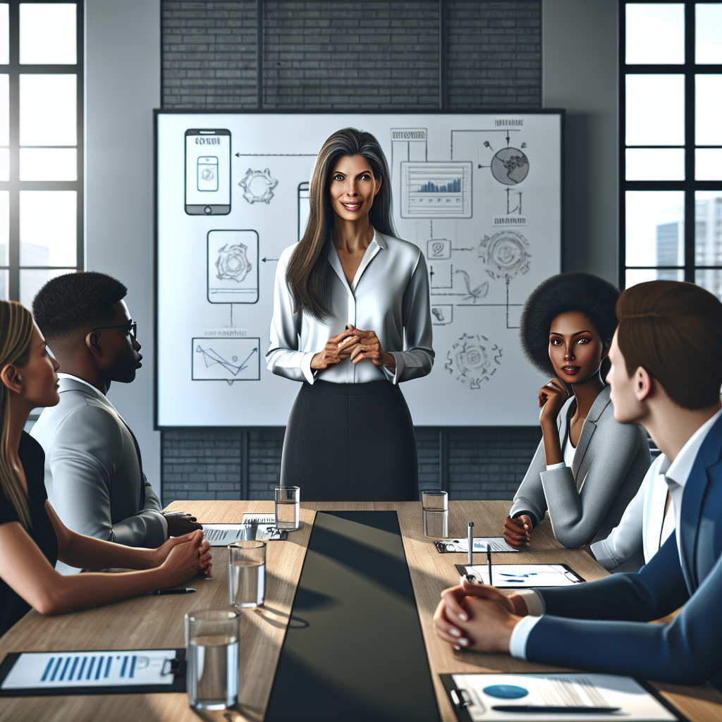 A consulting session in an office with a consultant explaining app launch strategy to clients.