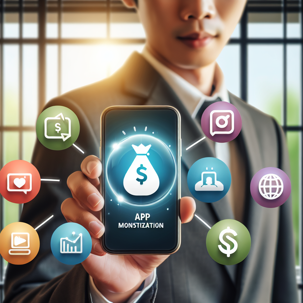 App monetization strategies represented on a mobile phone screen held by a professional.