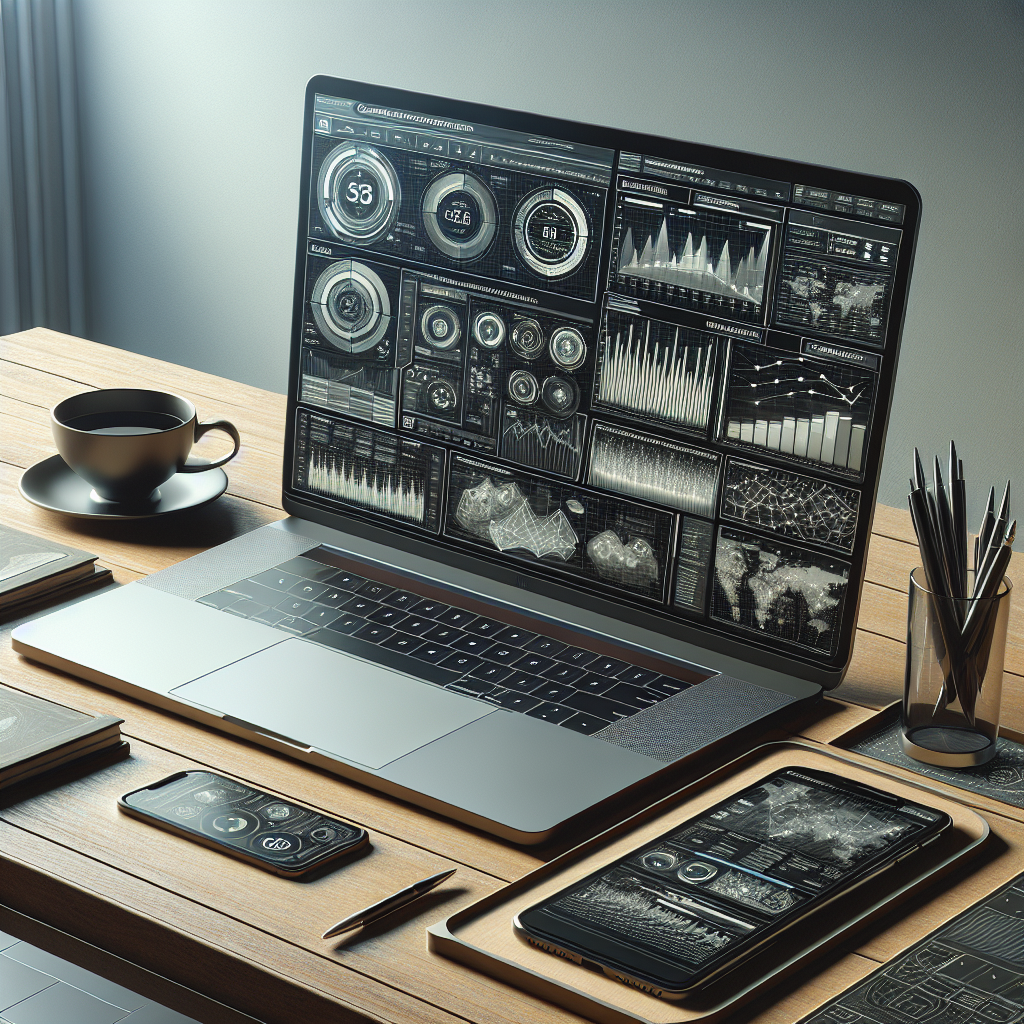 A workspace featuring a laptop with data analysis on screen and a coffee cup, depicting mobile app competitive analysis.