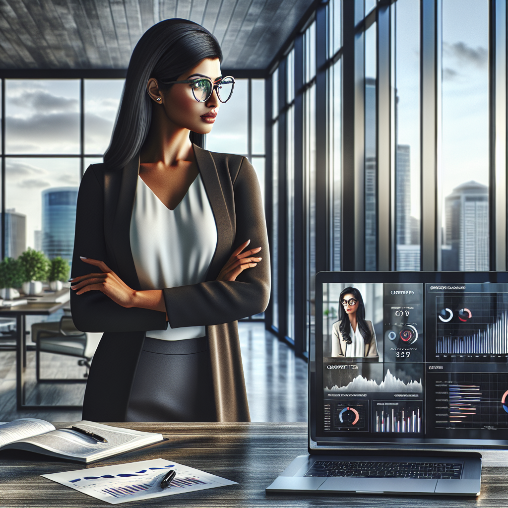 A businesswoman analyzing mobile app data in a modern office setting.