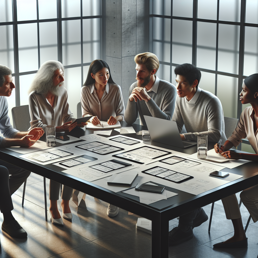 A team of diverse professionals discussing a mobile app prototype in a modern office setting.