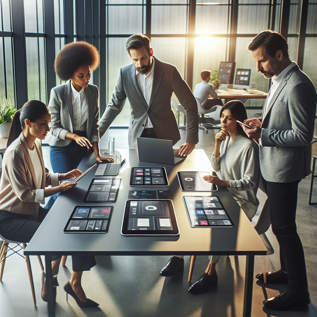 Consultants collaborating in a modern office with mobile app prototypes displayed on devices.