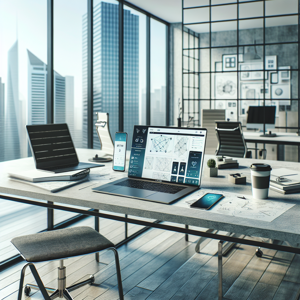 A modern office desk with a laptop displaying a mobile app prototype, sketches, coffee cup, smartphone, and cityscape background.