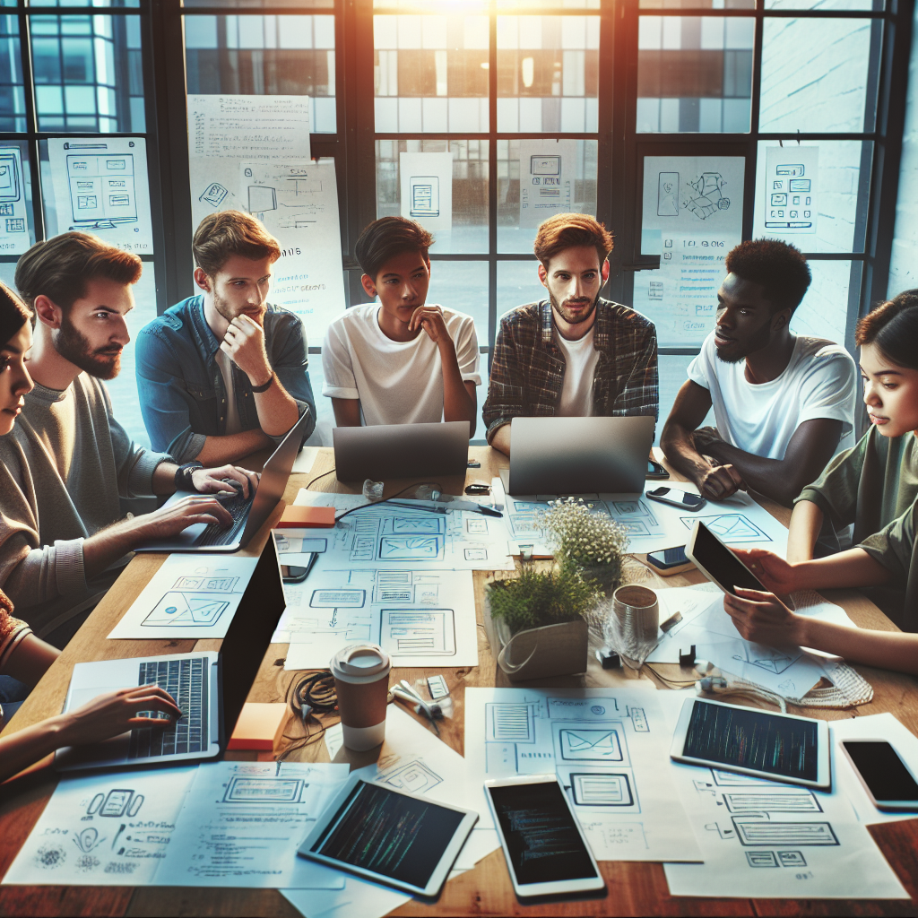 A realistic image of an app development workshop with participants engaged in coding and design discussions.