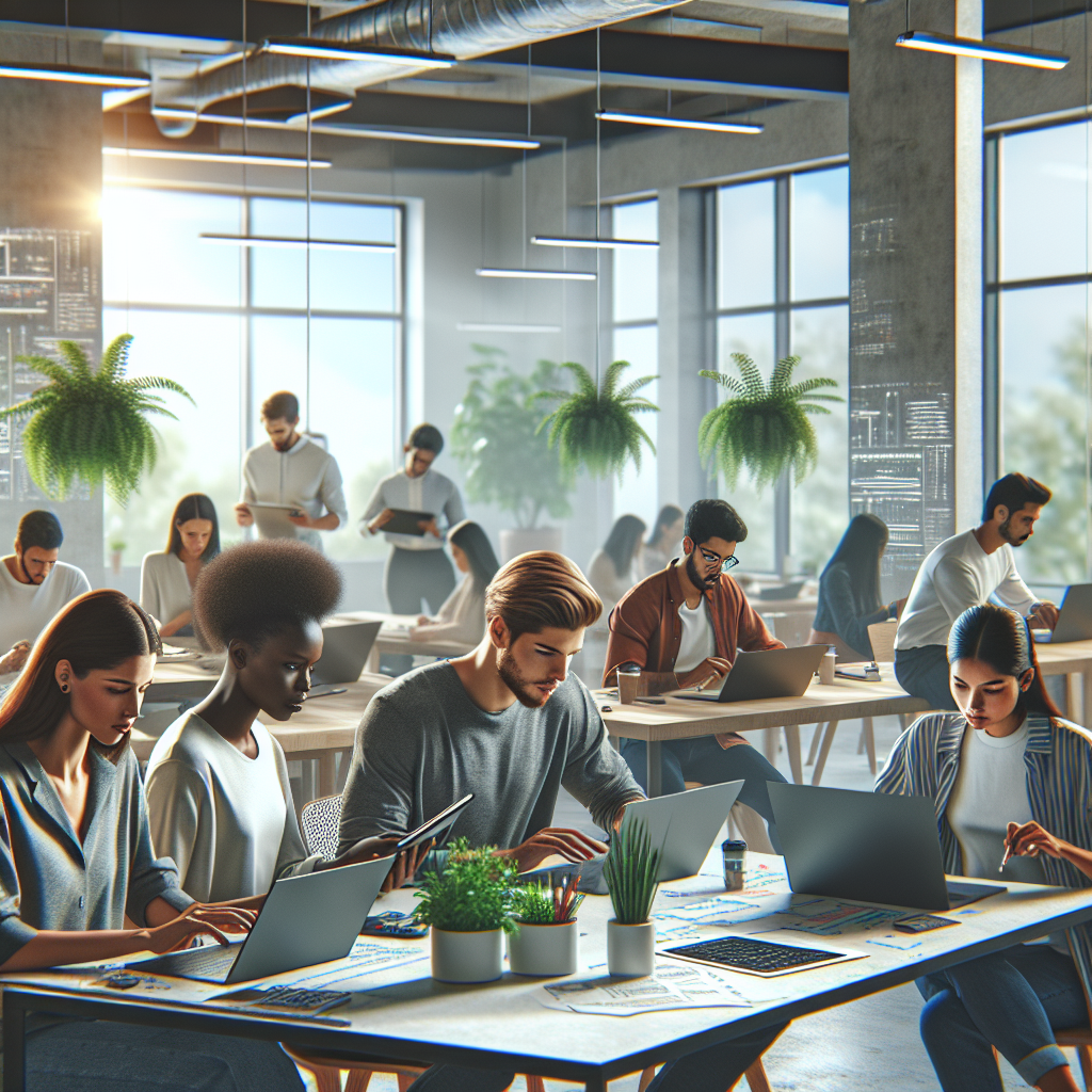 A diverse group of people participating in an app development workshop in a modern, well-lit space.