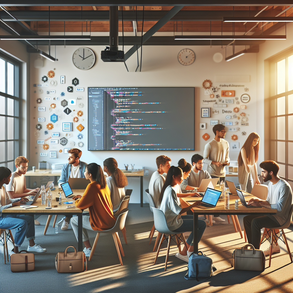 A modern workshop scene with diverse people engaged in app development, using laptops and whiteboards in a well-lit room.