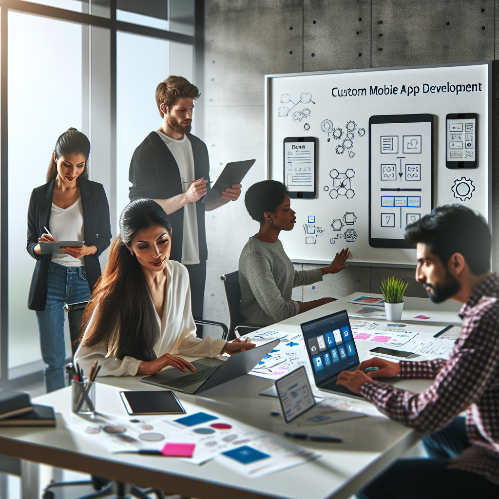 Professionals collaborating in a modern office workspace on a custom mobile app development project.