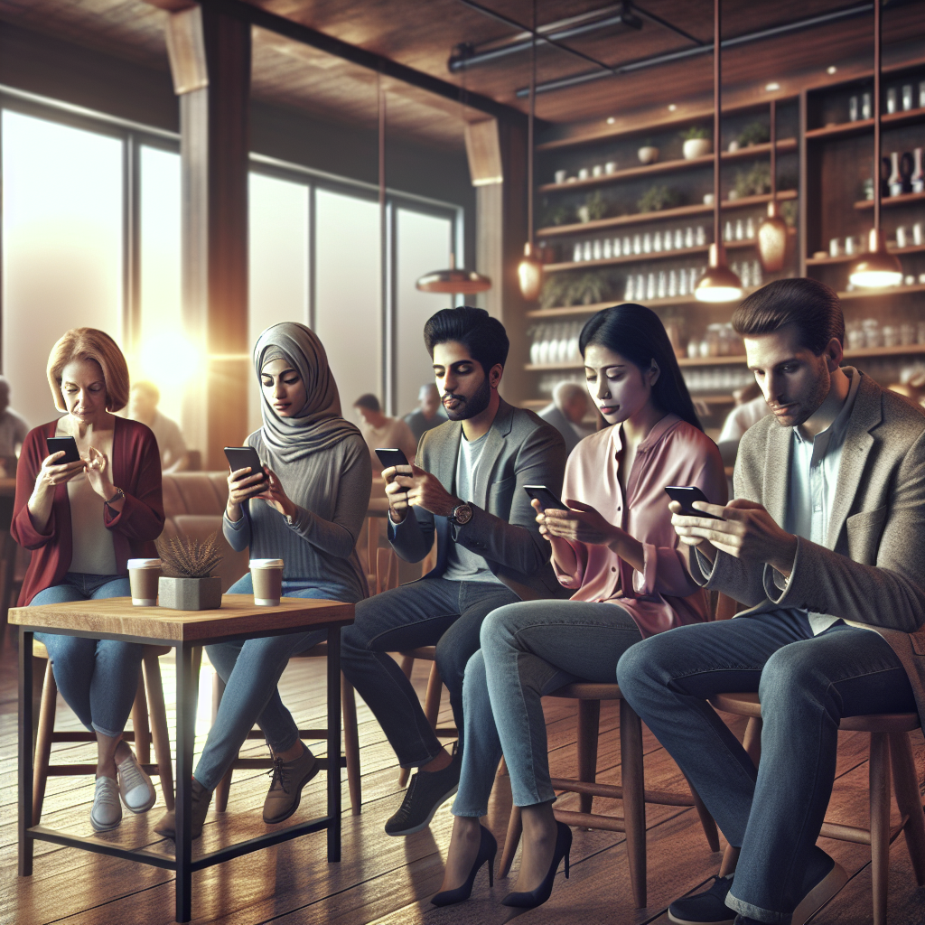 A realistic scene of diverse people using mobile apps in a modern cafe.