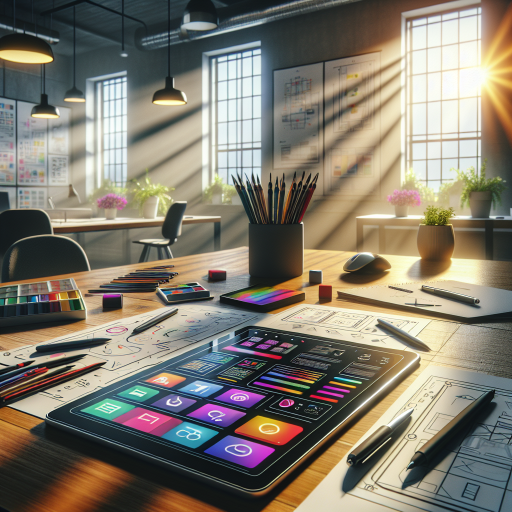 A detailed image of a designer's workspace focusing on mobile app UI design, showcasing a tablet, design tools, and natural lighting.