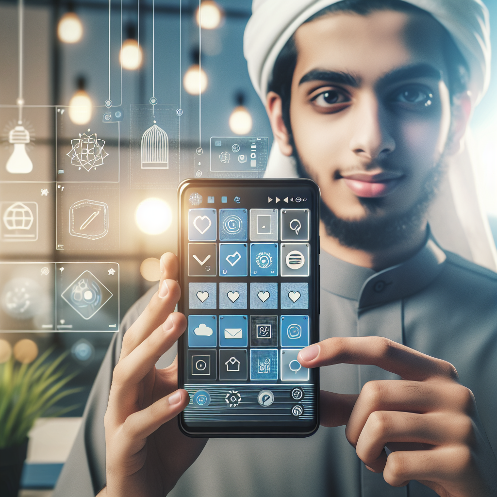 A modern smartphone displaying a user-friendly mobile app interface with intuitive navigation elements, held by a young person in a professional workspace.