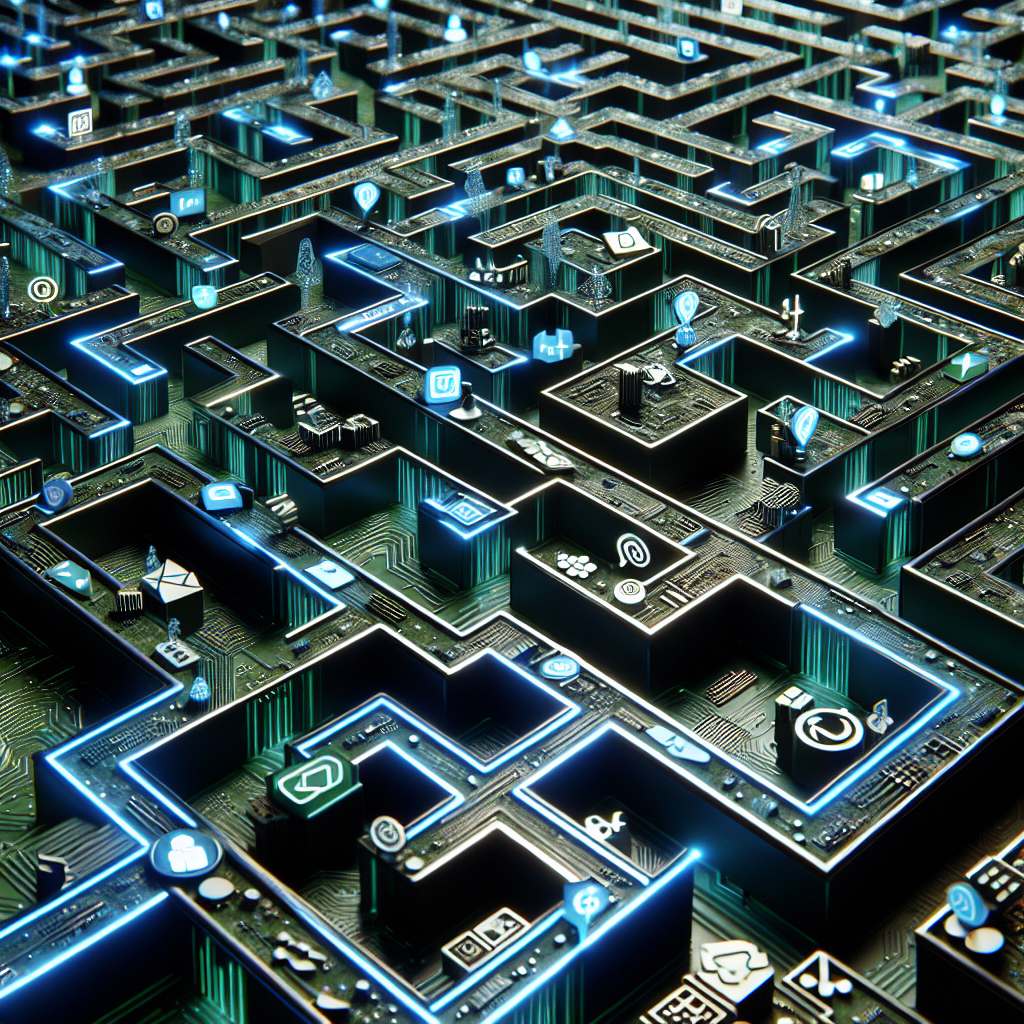 A realistic image of a digital circuitry labyrinth symbolizing the mobile app market.