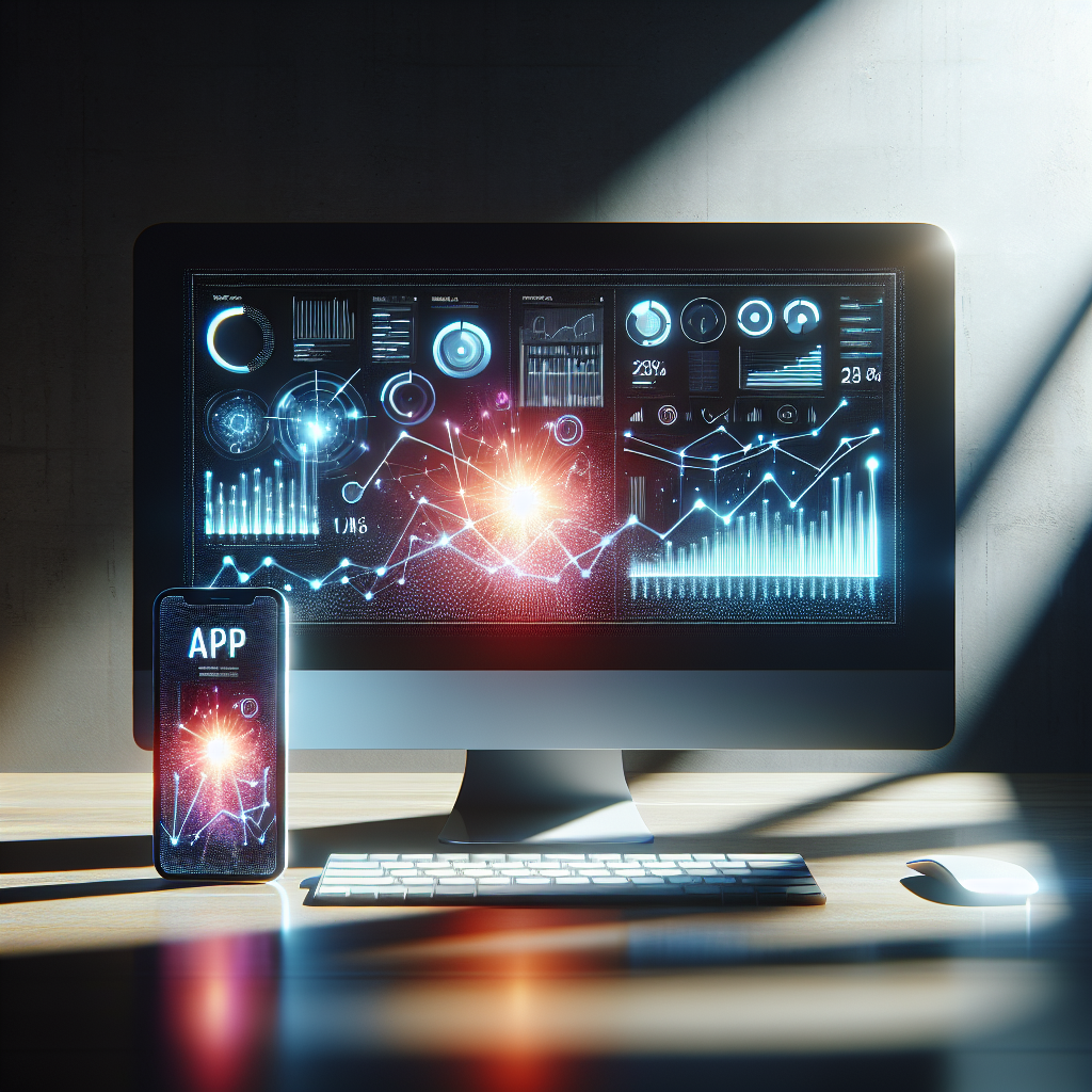 A modern digital workspace showing app revenue growth graphs on screens.