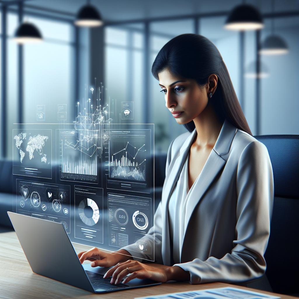 A professional woman analyzing app store analytics on a laptop in a modern office.