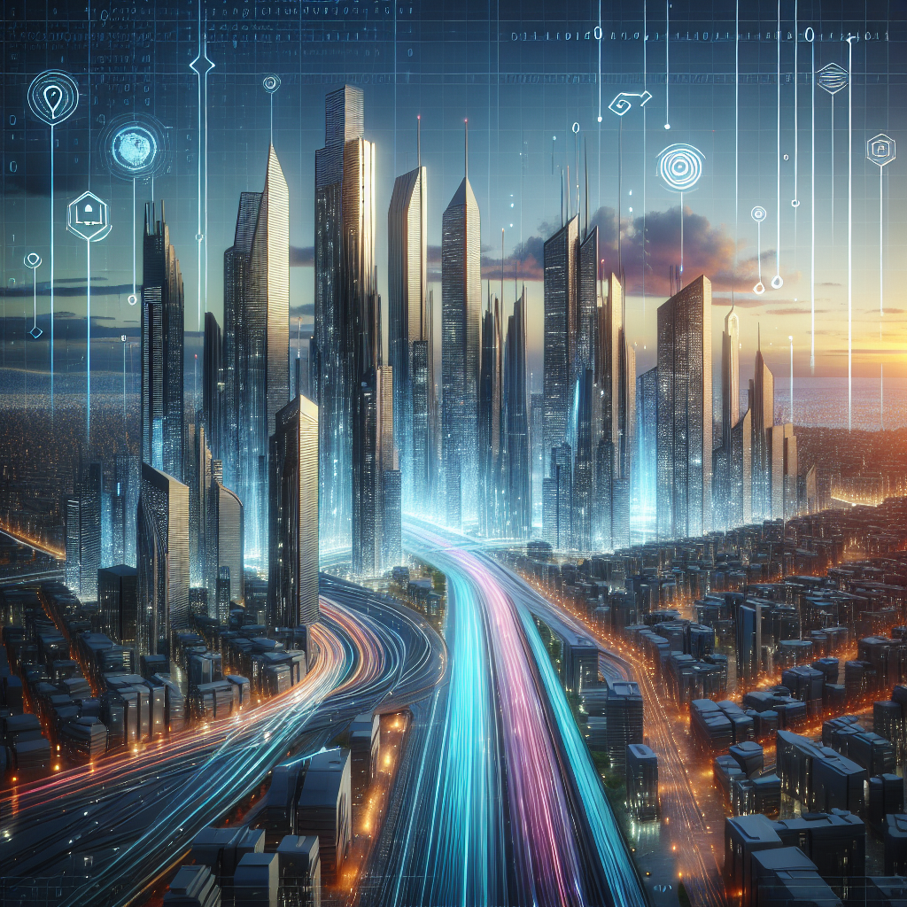 A futuristic cityscape with skyscrapers and digital elements symbolizing technology.