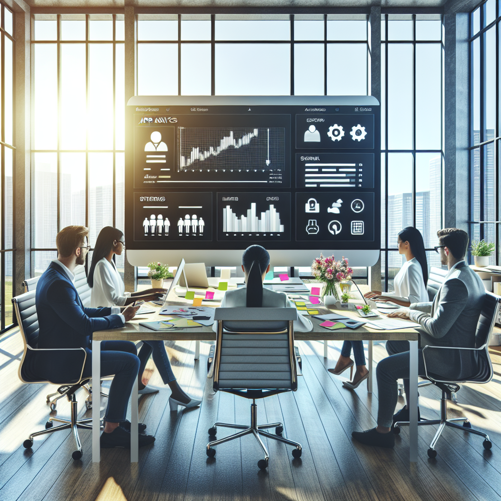 A modern office scene with app developers discussing strategies around a conference table, with a focus on a computer screen showing app analytics.