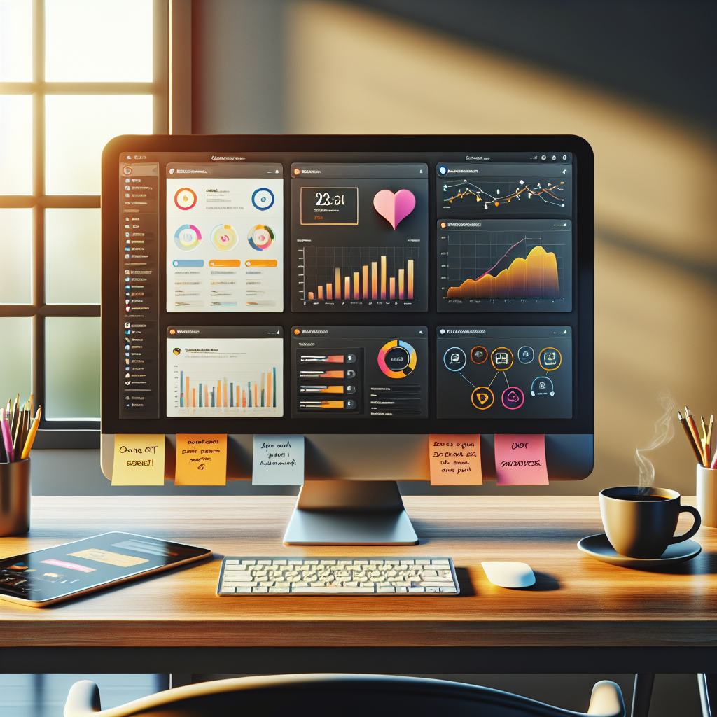 A modern digital marketer's workspace with computer, smartphone, and notes.