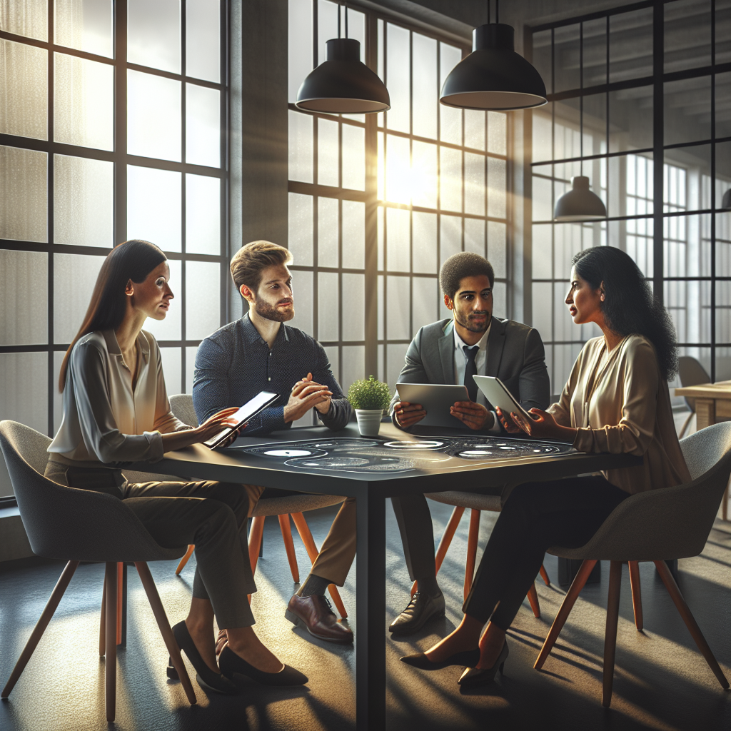 A diverse team in an office discussing app marketing strategies.