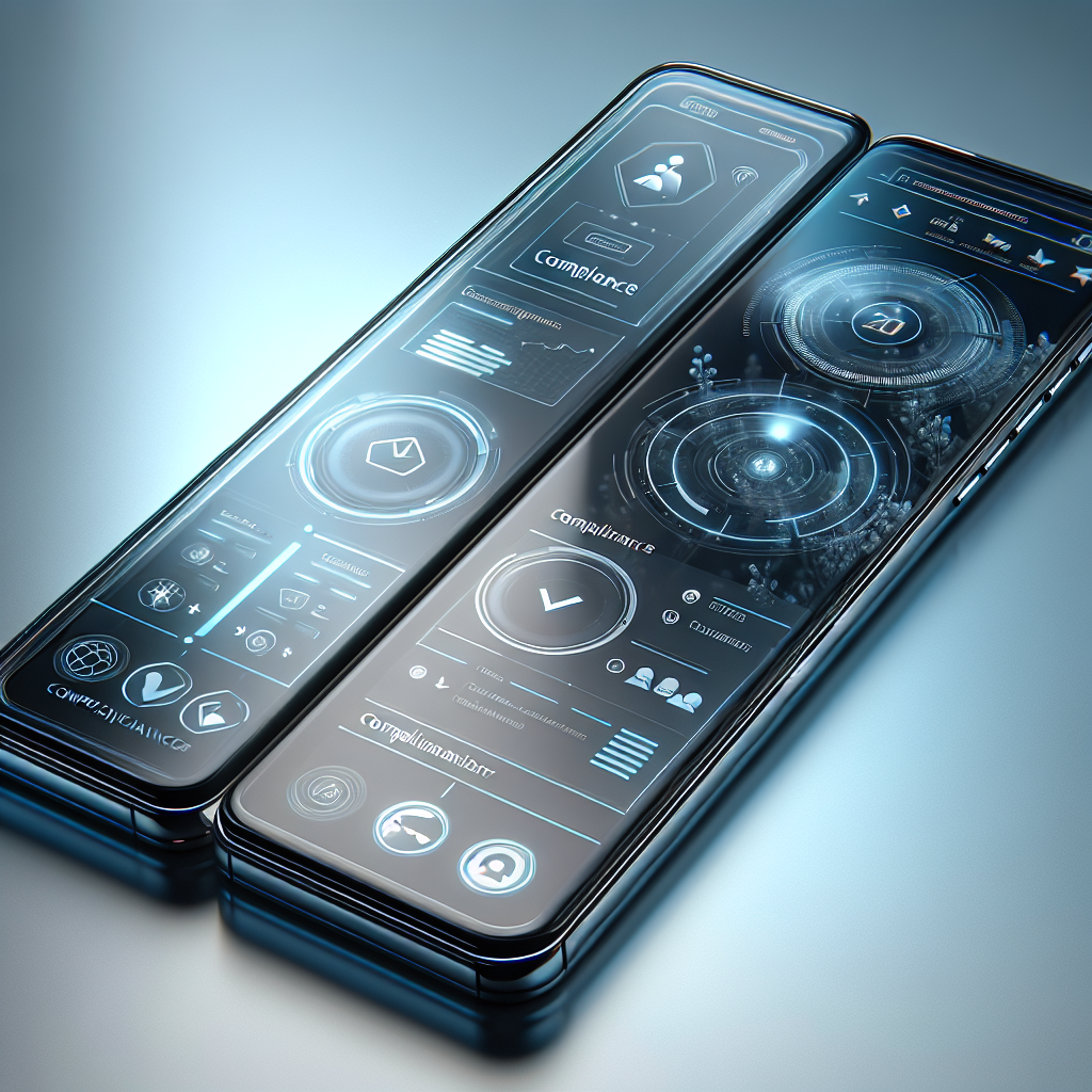 Futuristic smartphone showing compliance apps and icons.