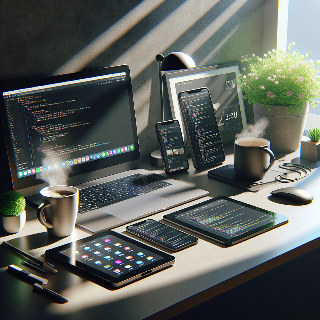 A realistic image of a developer's workspace with tech devices and natural lighting.