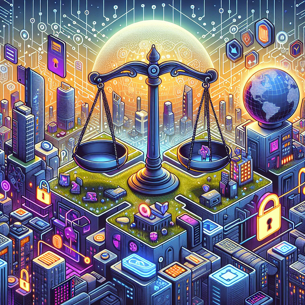 A symbolic digital city representing the landscape of app regulations with elements like scales and padlock.