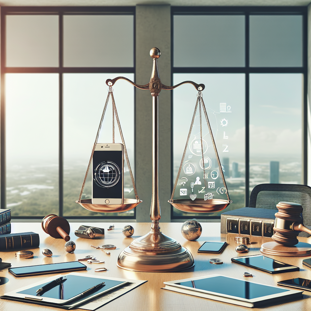 An illustration symbolizing the balance between app regulations and technology in a modern office setting.