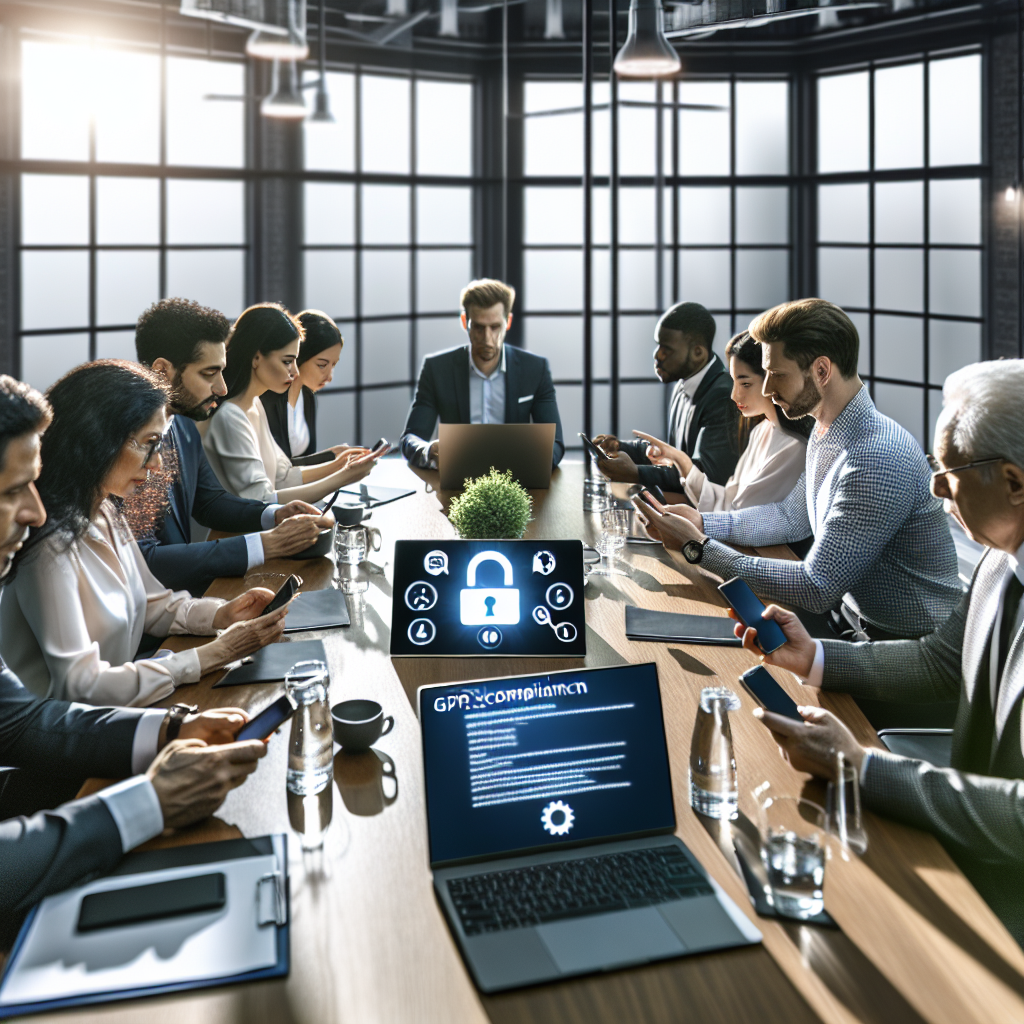 Diverse group in a meeting about app compliance essentials, with devices showing security features.