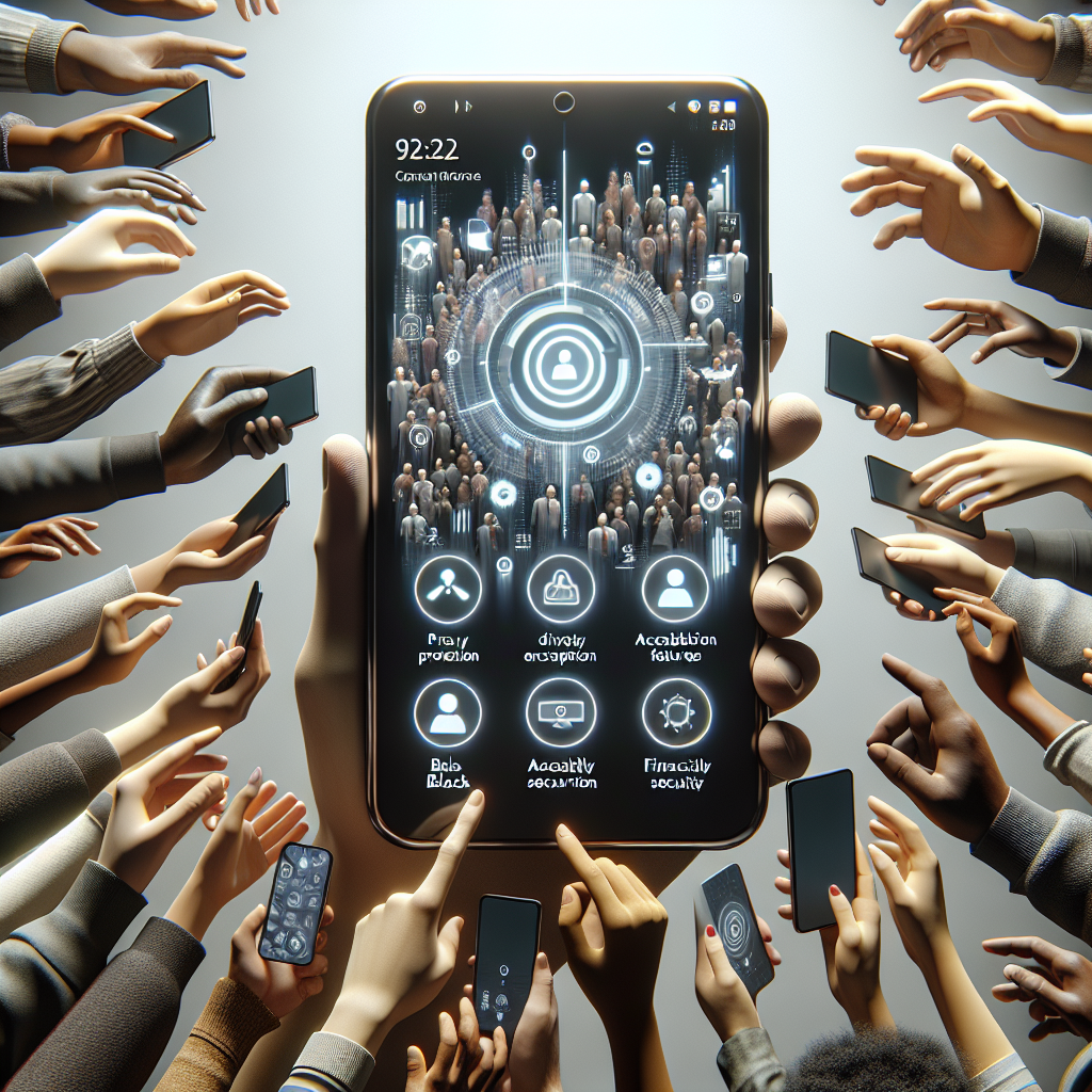 Conceptual image of app compliance essentials shown on a smartphone with diverse hands holding it.