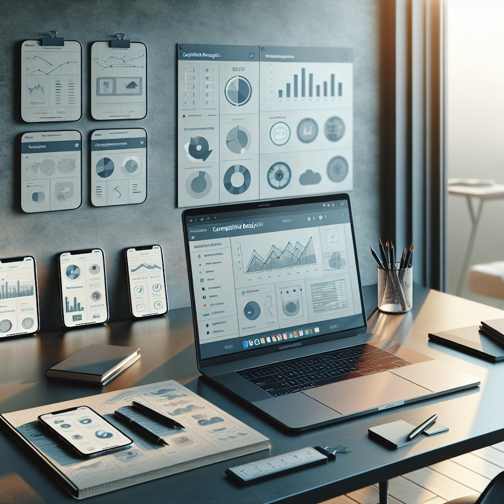 A modern workspace set up for competitor analysis of mobile apps, featuring a laptop, smartphones, and a notepad.