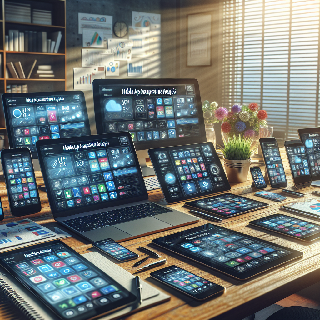 Image of an office desk with electronic devices displaying app interfaces, embodying mobile app competitive analysis.