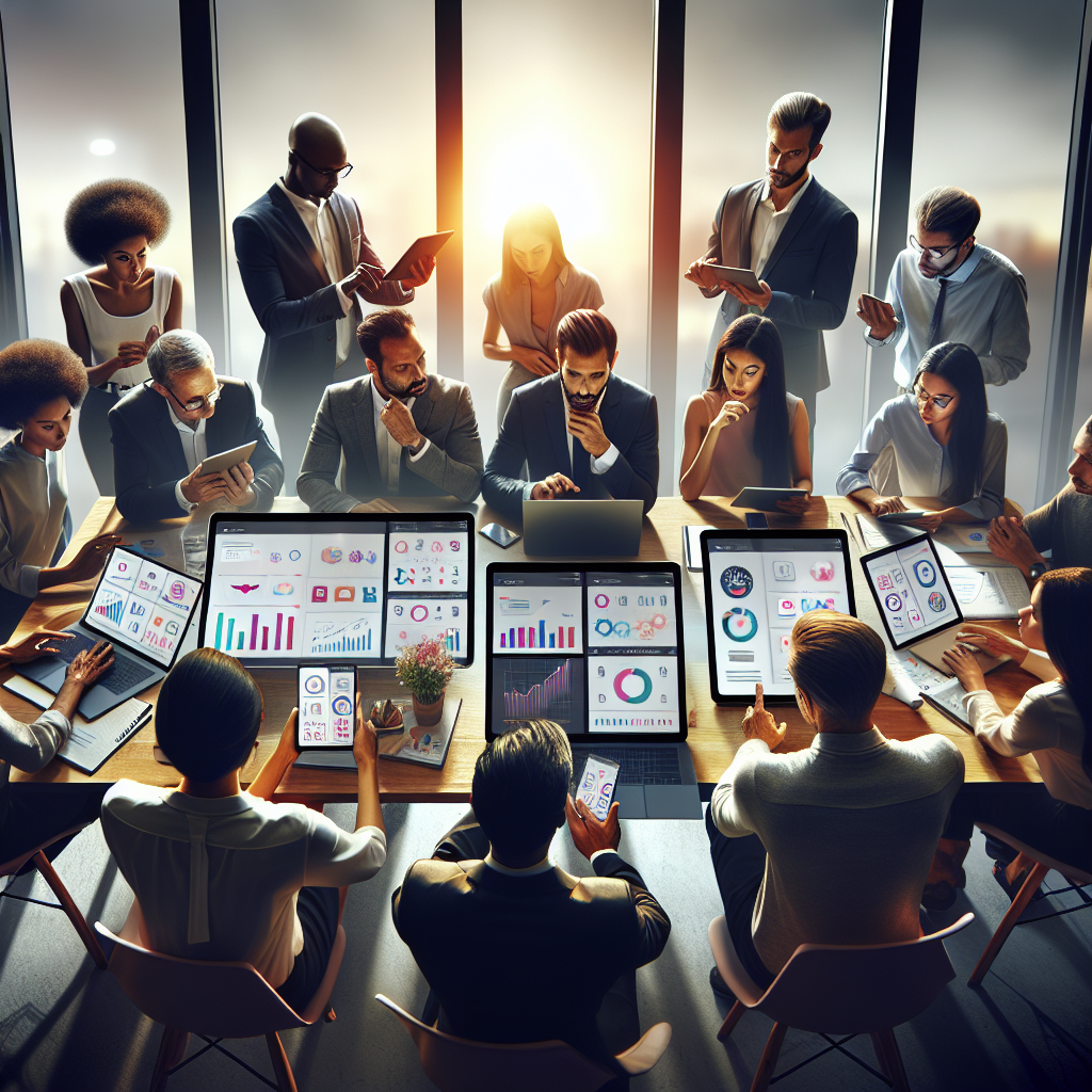 Professionals analyzing mobile app data around a table in an office setting.