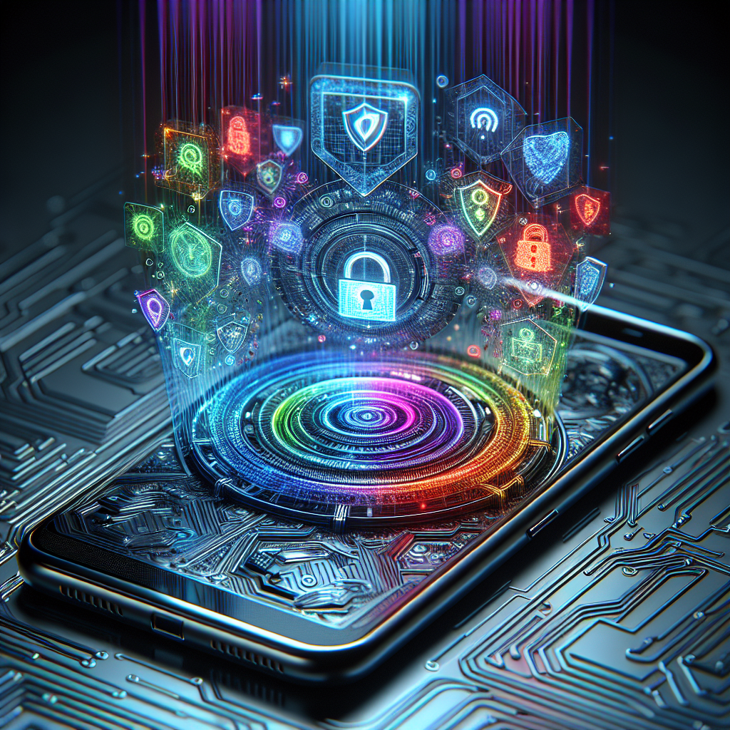 Smartphone with holographic security symbols representing encryption and authentication.