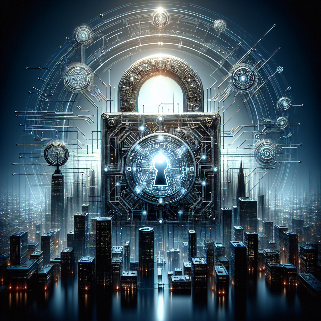 A digital lock symbolizing app security against a futuristic cityscape.