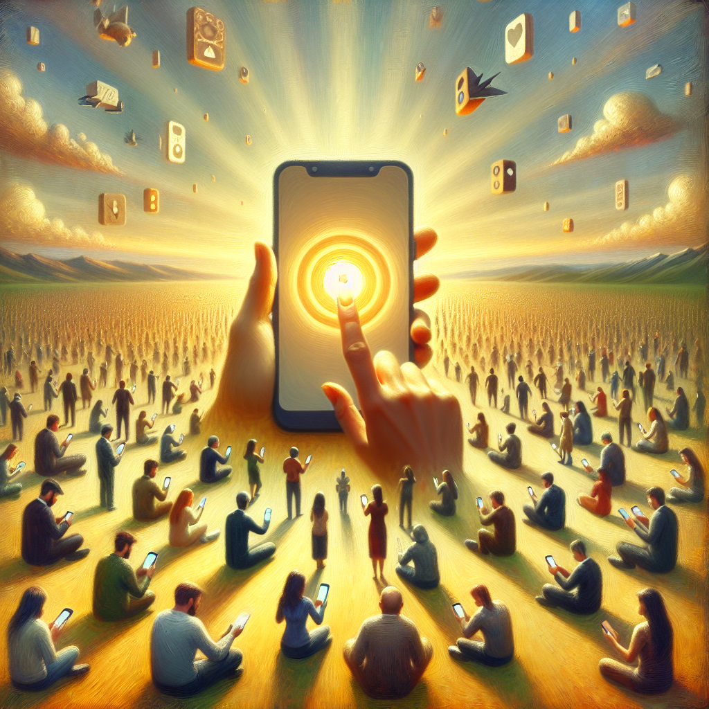 A digital painting depicting mobile app retention through a smartphone glowing among diverse animated characters in a lively landscape.