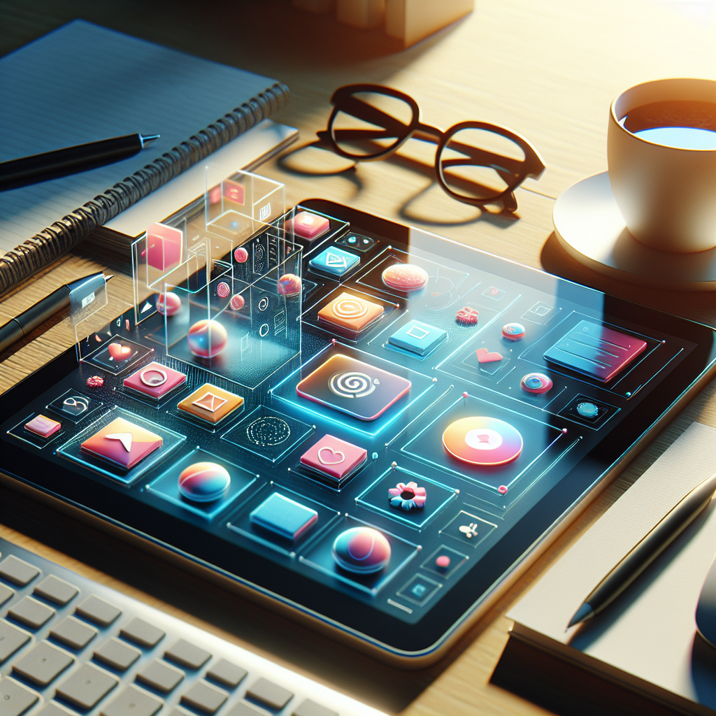 A modern mobile app interface displayed above a digital tablet on a desk.