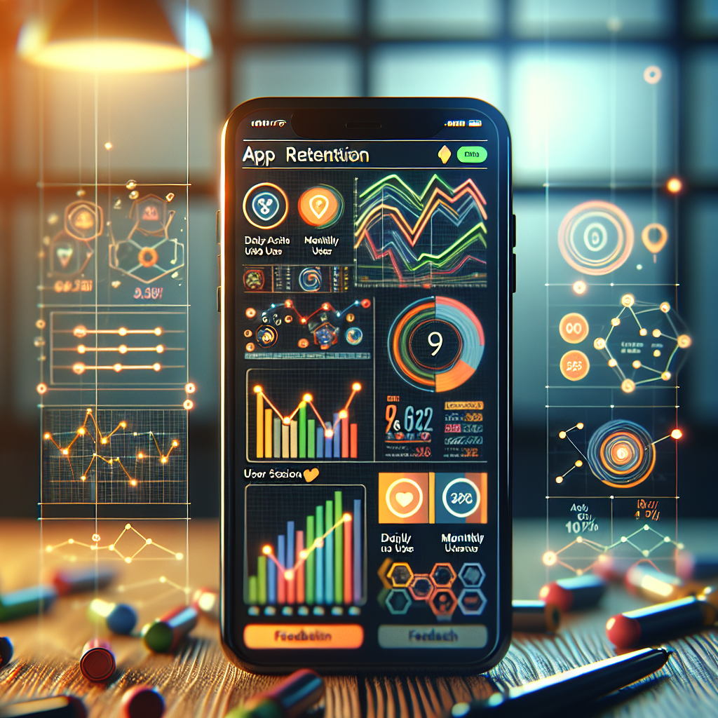 Mobile phone screen displaying colorful app retention analytics graphs.