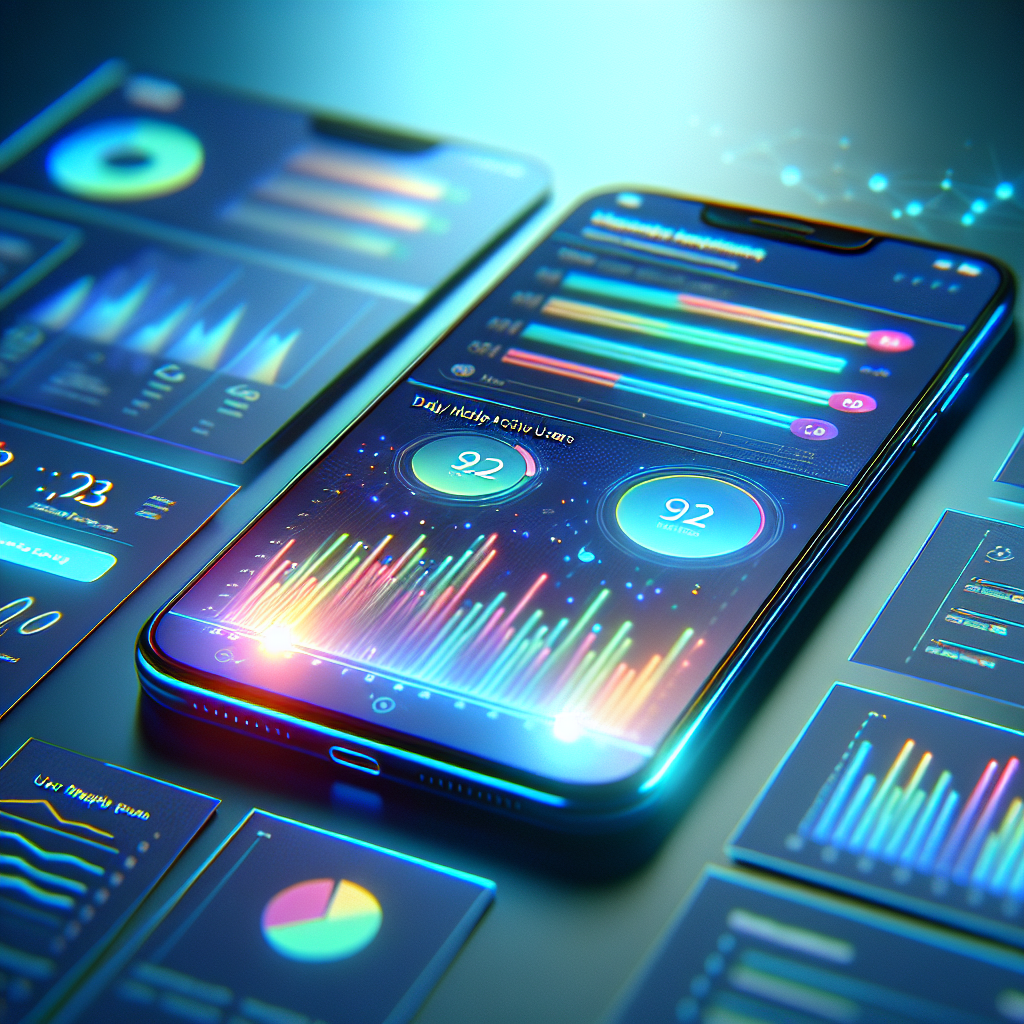 Realistic image of a smartphone displaying app user metrics with colorful charts and graphs.