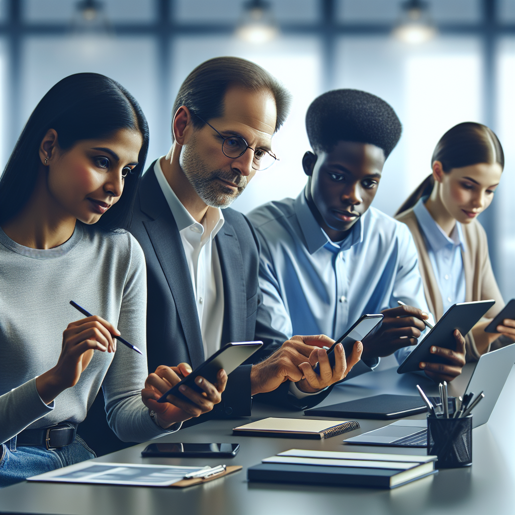 A diverse group of people in an office interacting with mobile devices, symbolizing app retention strategy.