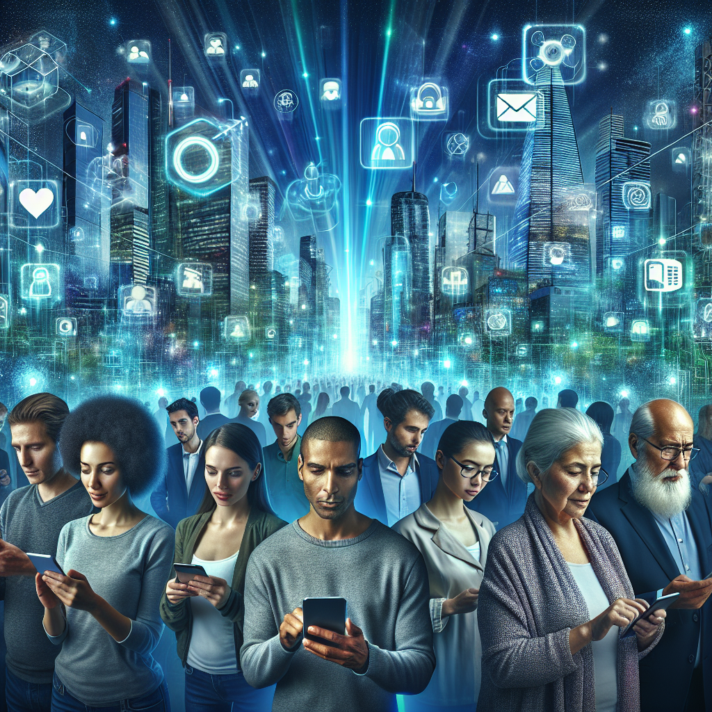 A realistic digital scene showing diverse people interacting with smartphones, set against a futuristic cityscape displaying app icons.