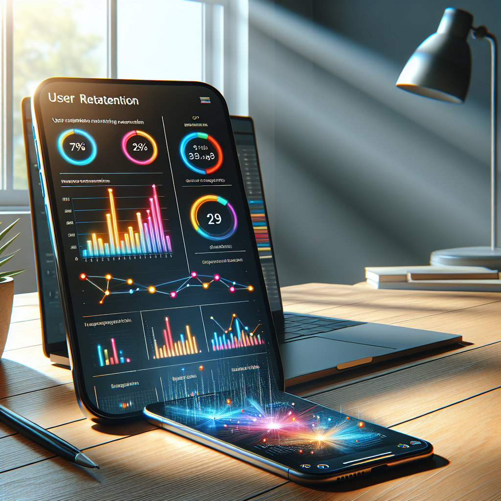 A modern workspace with a smartphone and laptop, highlighting app retention statistics in a realistic setting.