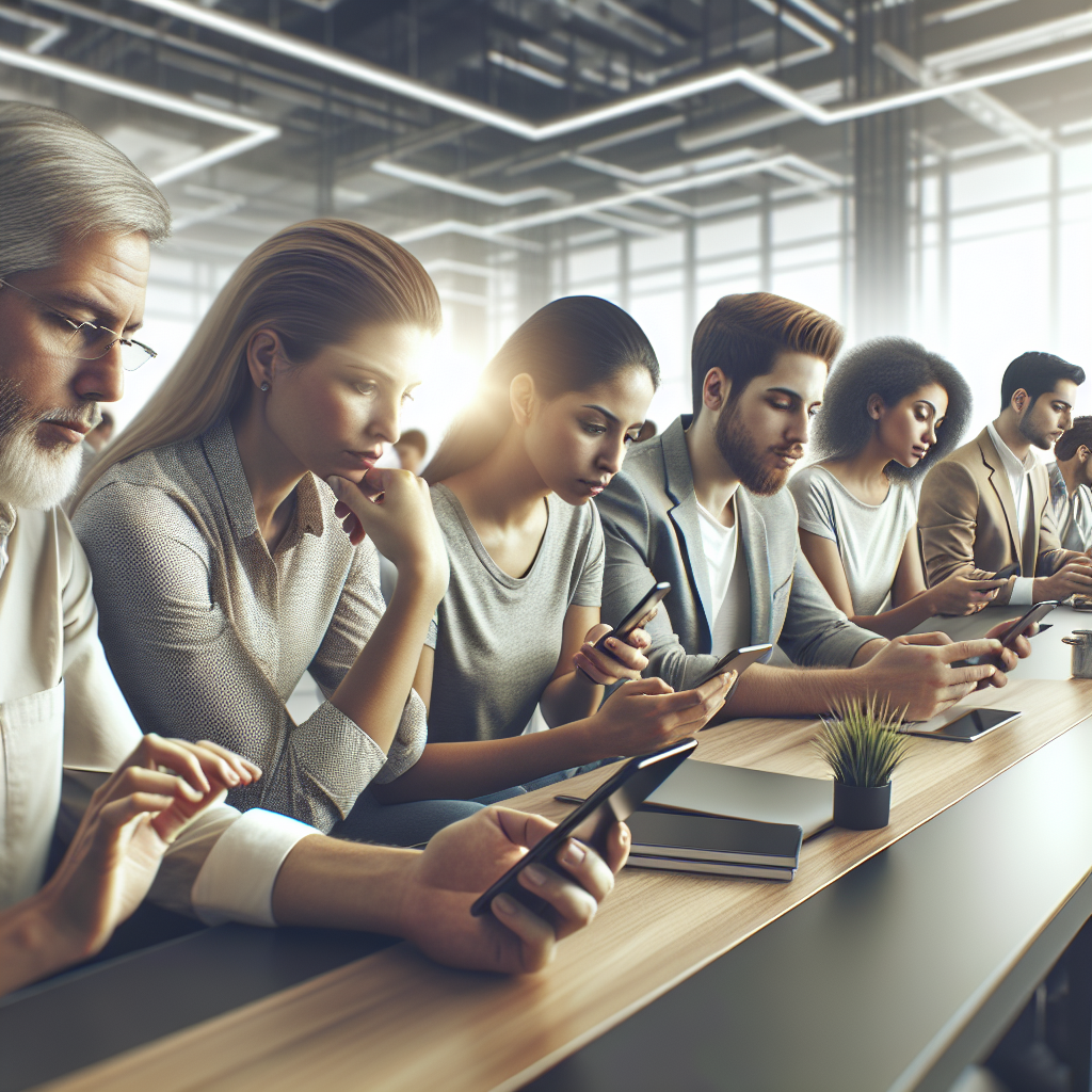 A diverse group of people using smartphones in a modern workspace, conveying engagement and collaboration.