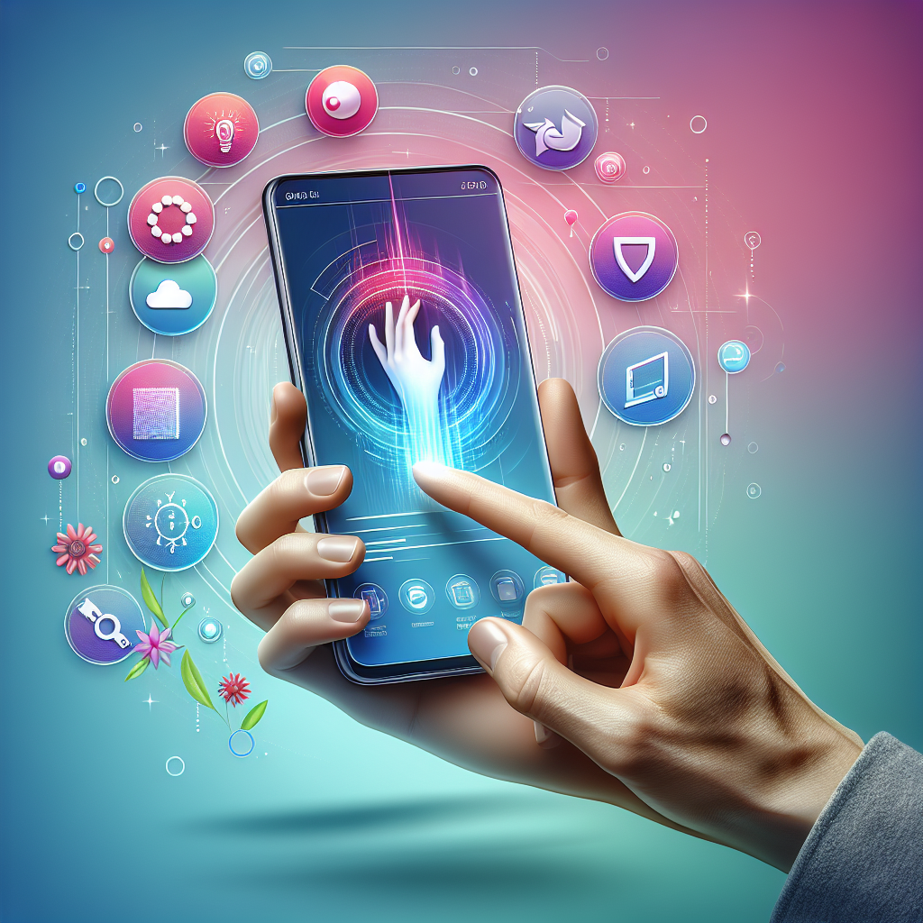 A digital illustration of a hand holding a smartphone with icons of mobile app development around it.