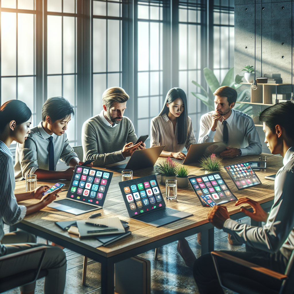 A group of diverse app developers discussing mobile app retention strategies in a modern office setting.