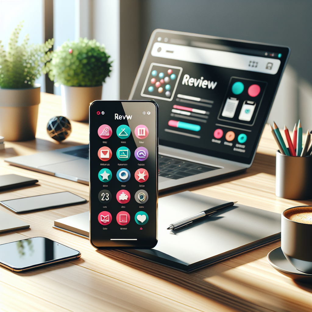 Digital workspace with a smartphone displaying a mobile app review, surrounded by office elements.