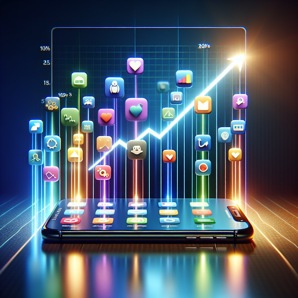 Illustration of mobile app retention rates with a smartphone showing app icons and a dynamic background graph.