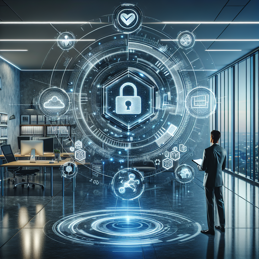 An abstract representation of compliance apps in a modern business setting with holographic interface displaying technology symbols.