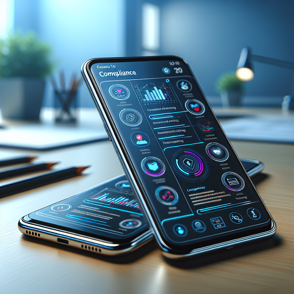 A smartphone displaying a compliance app interface with features like real-time monitoring and alerts.
